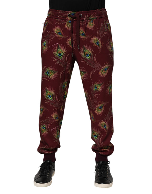 Burgundy Peacock Feather Print Jogger Pants Dolce & Gabbana