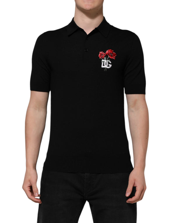Black Wool DG Logo Rose Collared Polo T-shirt Dolce & Gabbana