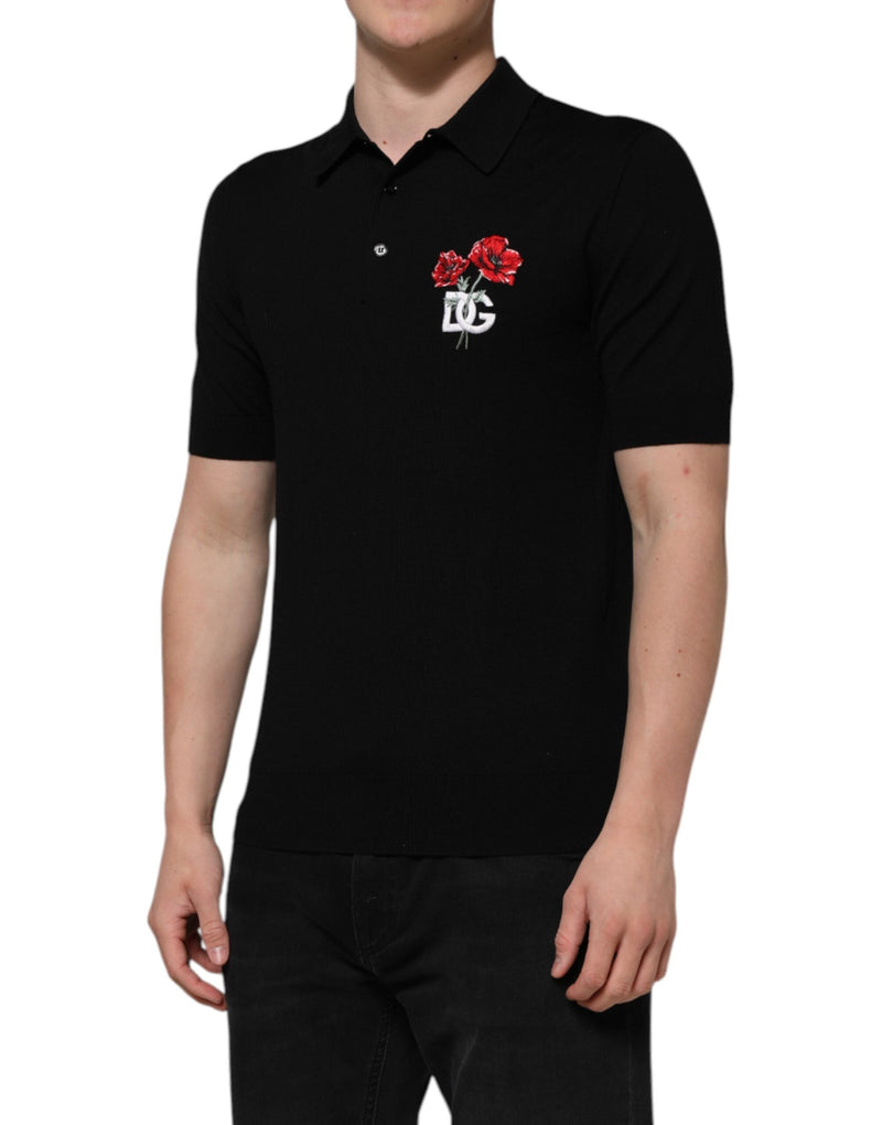 Black Wool DG Logo Rose Collared Polo T-shirt Dolce & Gabbana