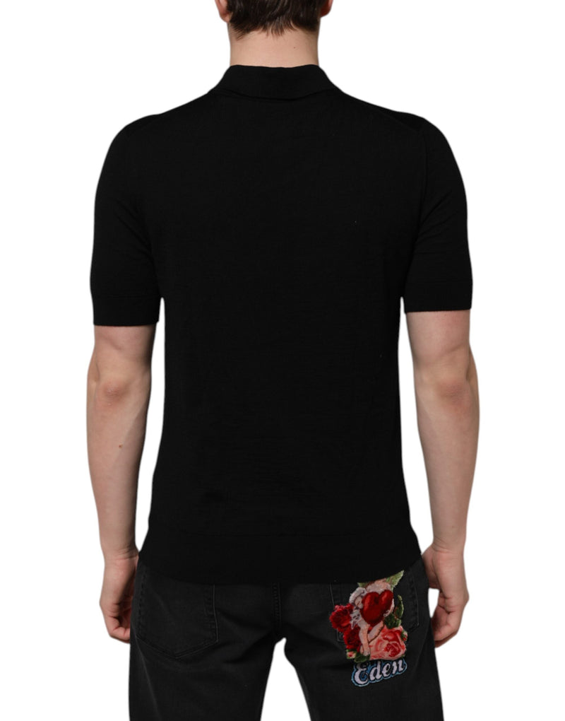Black Wool DG Logo Rose Collared Polo T-shirt Dolce & Gabbana