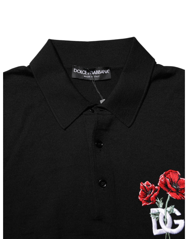 Black Wool DG Logo Rose Collared Polo T-shirt Dolce & Gabbana