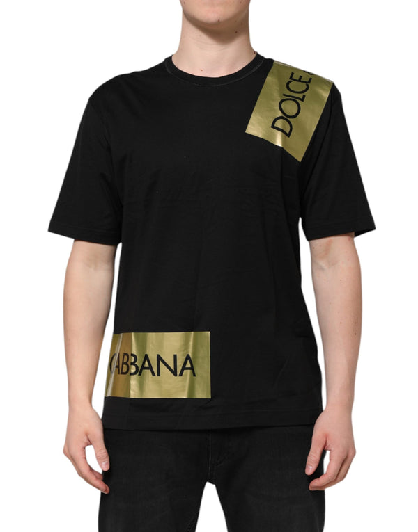 Black Logo Tape Cotton Men Crew Neck T-shirt Dolce & Gabbana