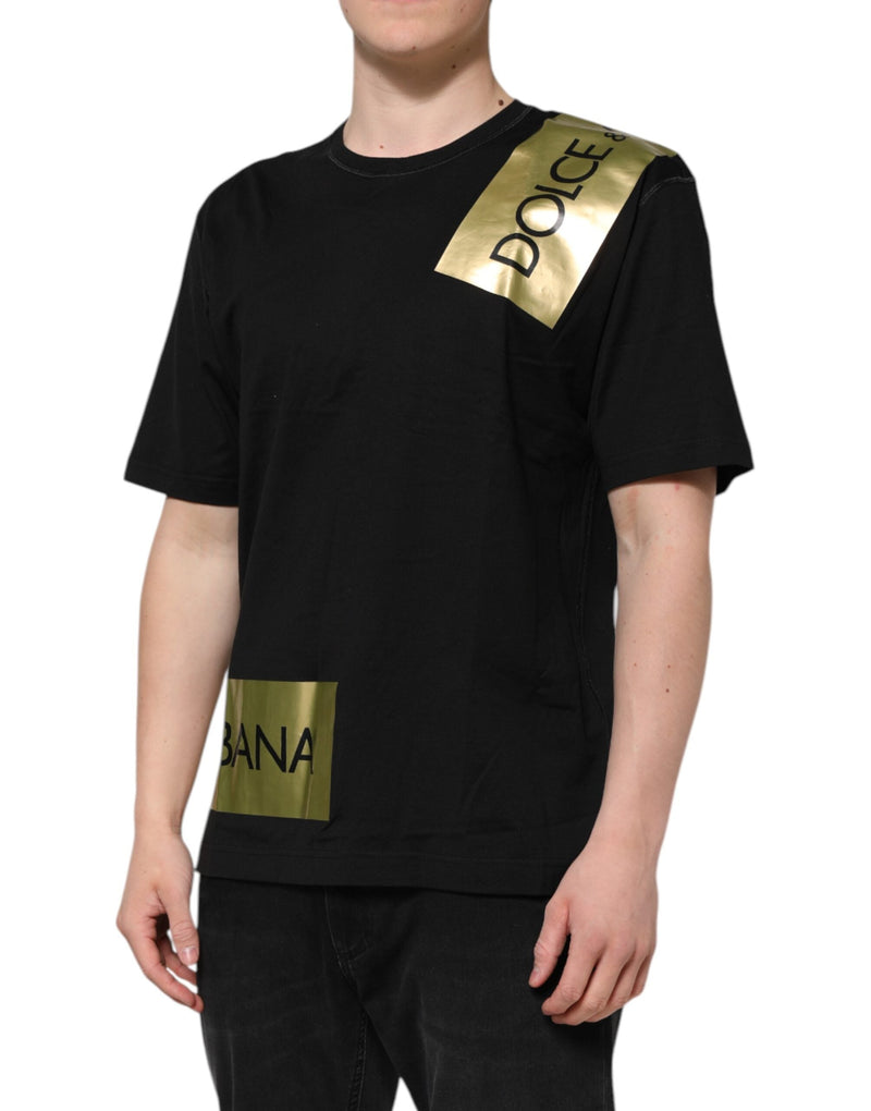 Black Logo Tape Cotton Men Crew Neck T-shirt Dolce & Gabbana