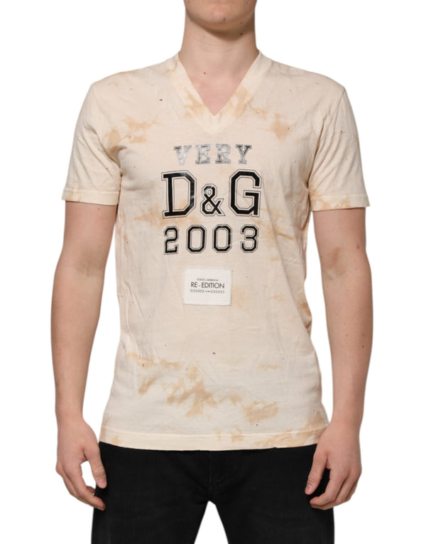 Beige Logo Print Short Sleeve V-neck T-shirt Dolce & Gabbana