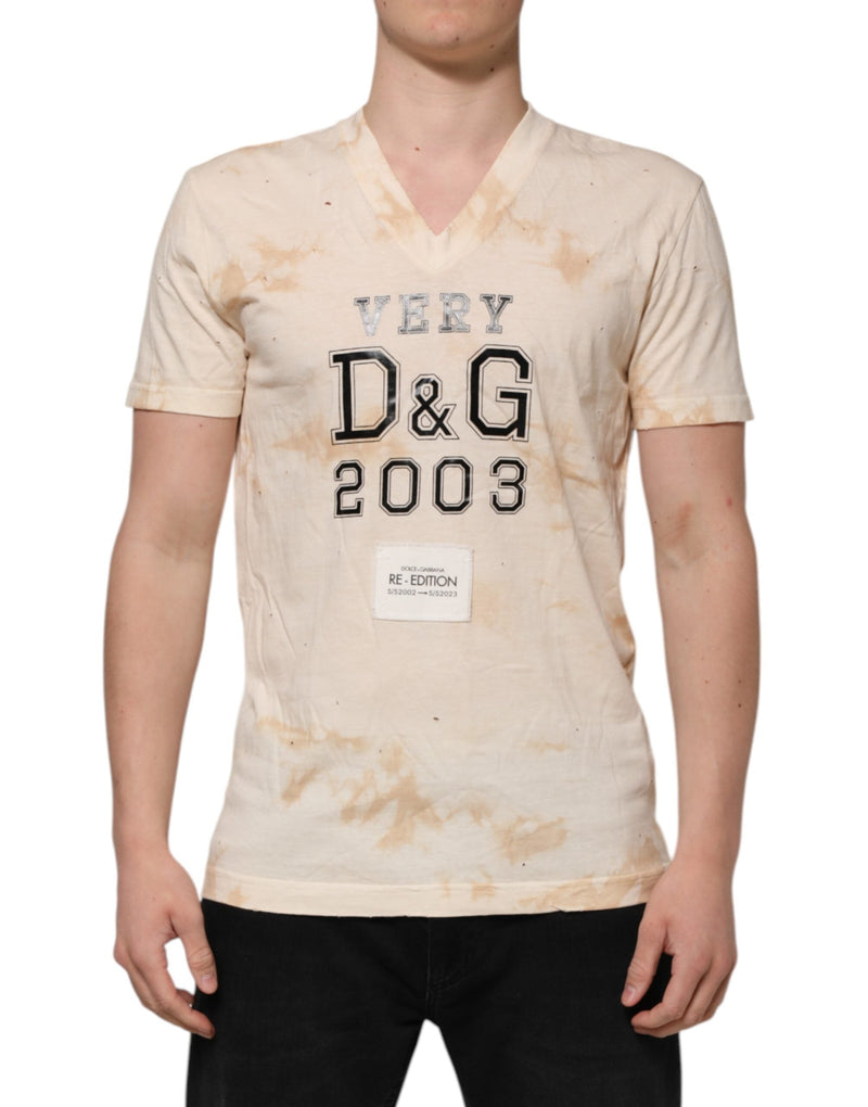 Beige Logo Print Short Sleeve V-neck T-shirt Dolce & Gabbana