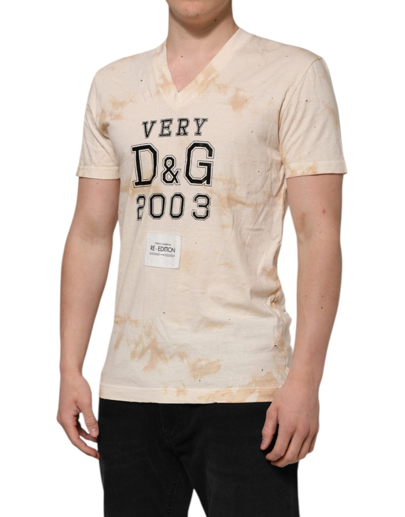 Beige Logo Print Short Sleeve V-neck T-shirt Dolce & Gabbana