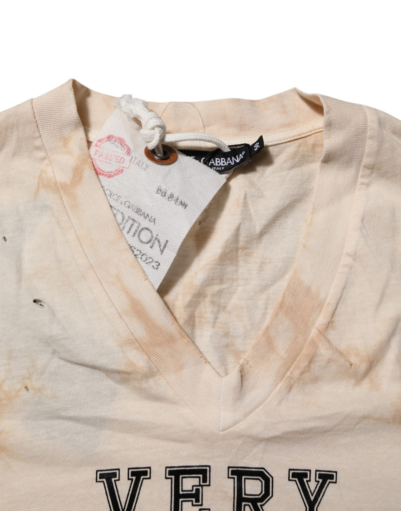 Beige Logo Print Short Sleeve V-neck T-shirt Dolce & Gabbana