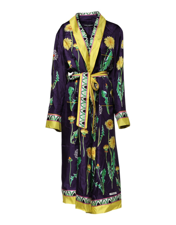 Blue Floral Print Silk Long Sleeves Wrap Robe Dolce & Gabbana