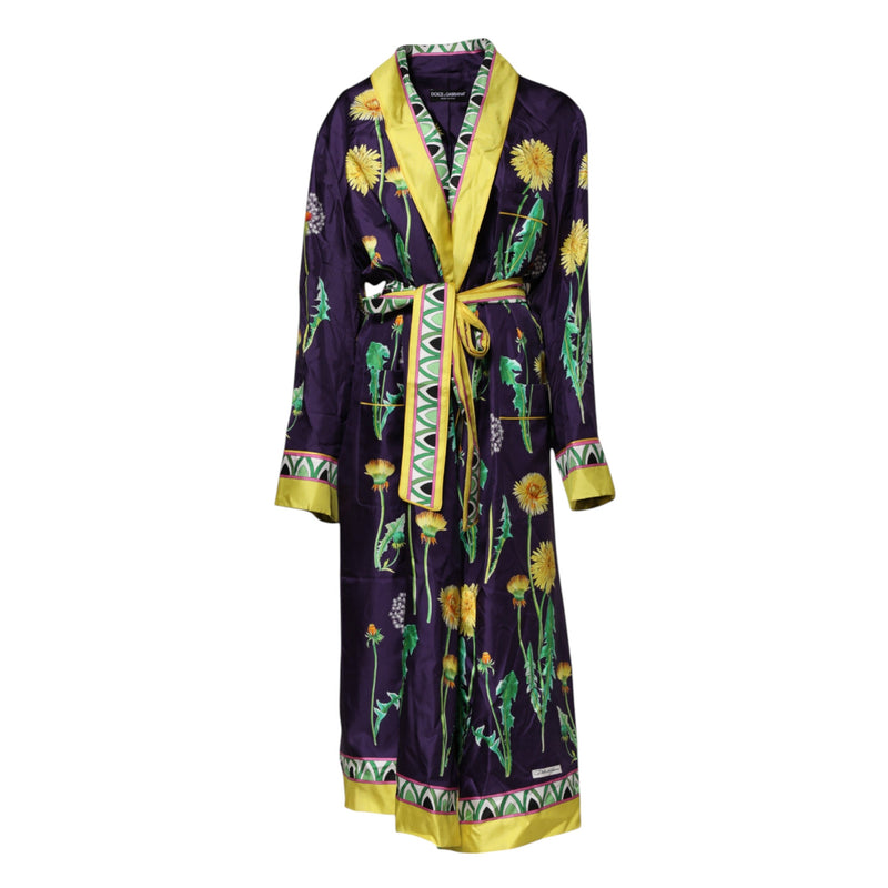 Blue Floral Print Silk Long Sleeves Wrap Robe Dolce & Gabbana