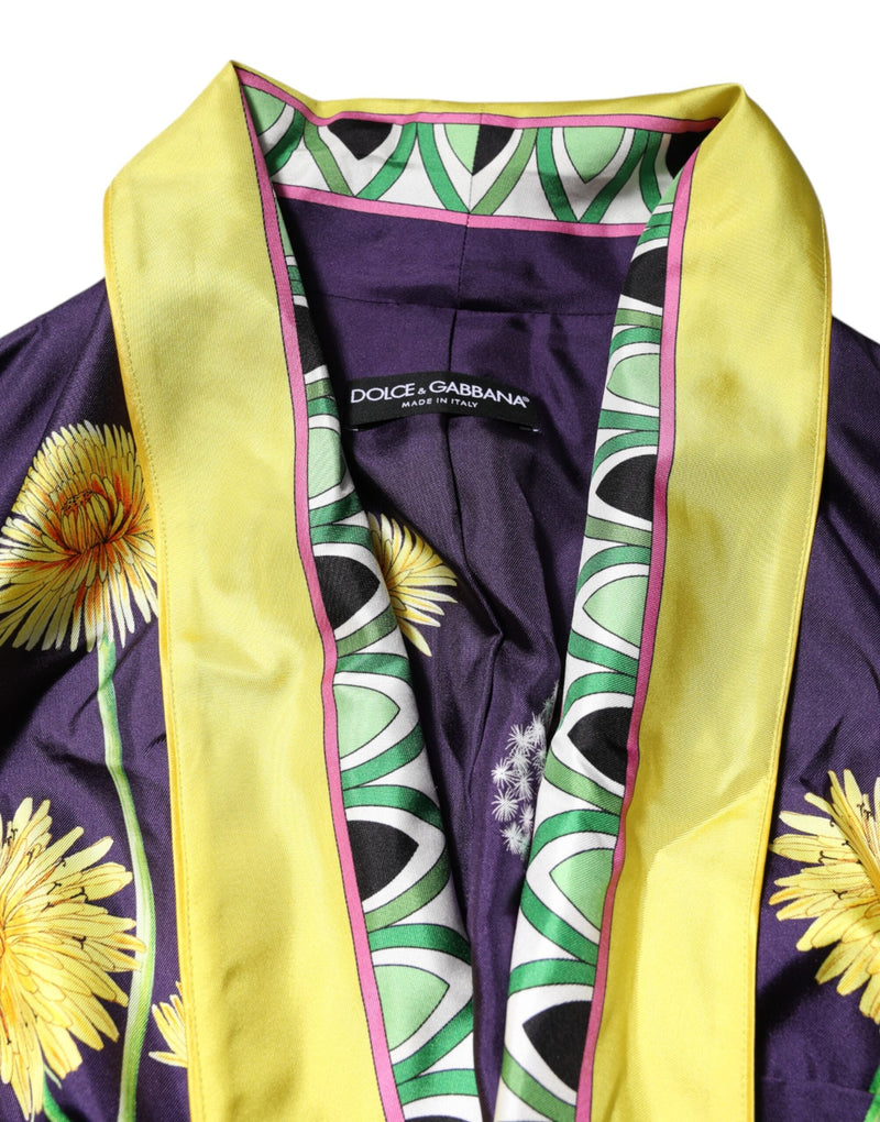 Blue Floral Print Silk Long Sleeves Wrap Robe Dolce & Gabbana