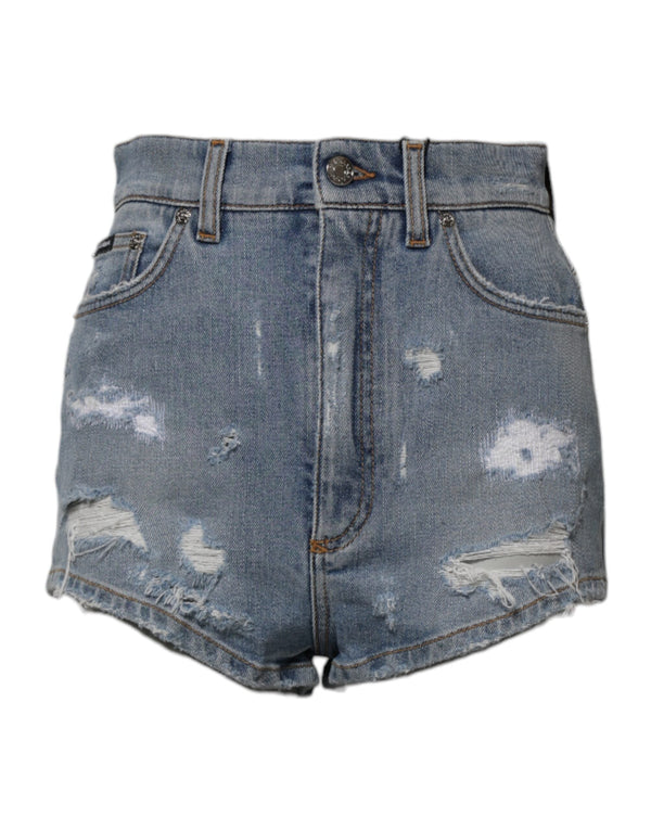 Blue Tattered Denim Cotton Hot Pants Shorts Dolce & Gabbana