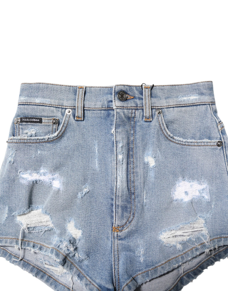 Blue Tattered Denim Cotton Hot Pants Shorts Dolce & Gabbana
