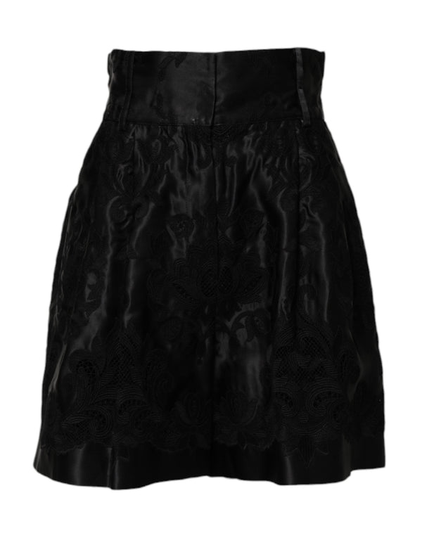 Black Floral Embroidery Silk High Waist Shorts Dolce & Gabbana