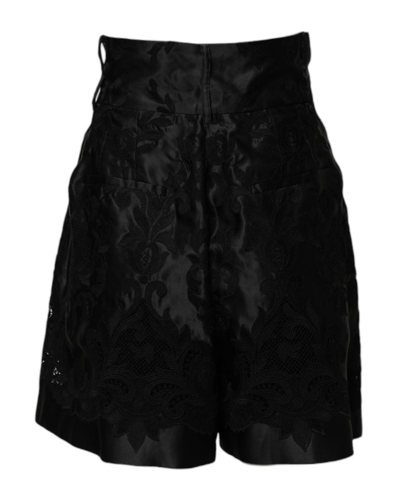 Black Floral Embroidery Silk High Waist Shorts Dolce & Gabbana