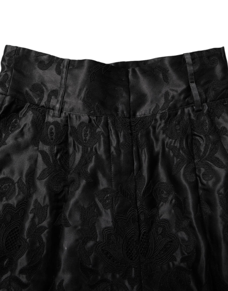 Black Floral Embroidery Silk High Waist Shorts Dolce & Gabbana