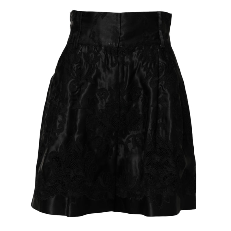 Black Floral Embroidery Silk High Waist Shorts Dolce & Gabbana