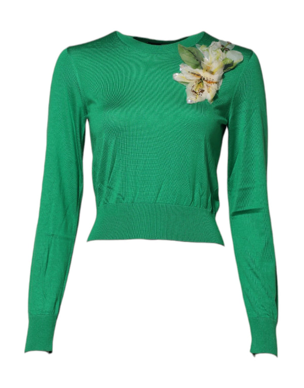 Green Floral Detailing Silk Pullover Sweater Dolce & Gabbana