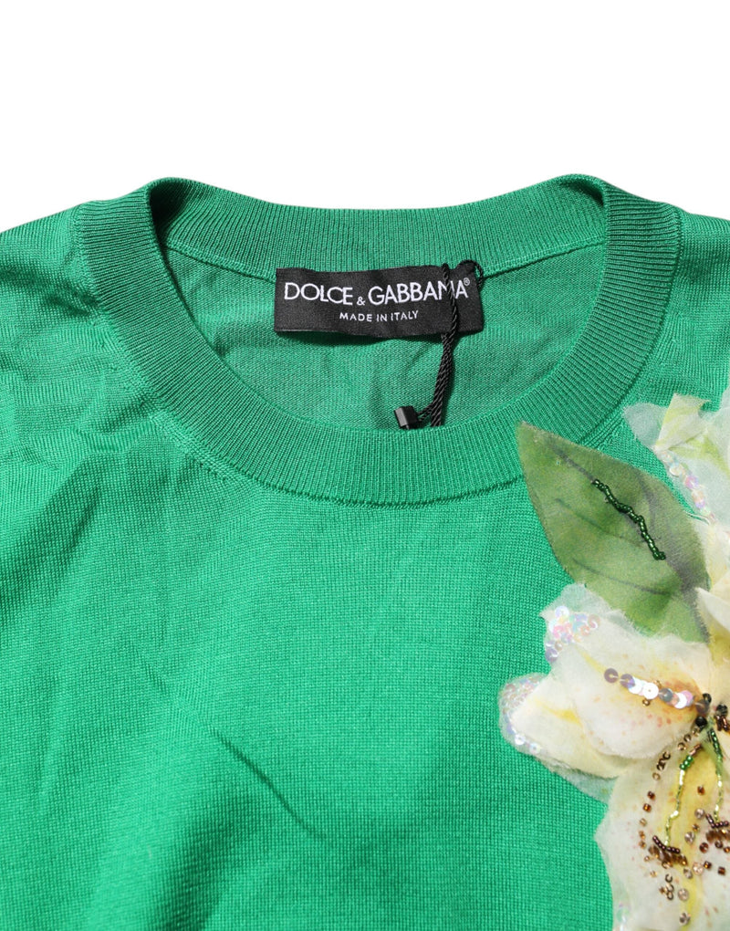 Green Floral Detailing Silk Pullover Sweater Dolce & Gabbana