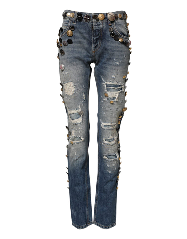 Blue Embellished Tattered SkinnyDenim Jeans Dolce & Gabbana