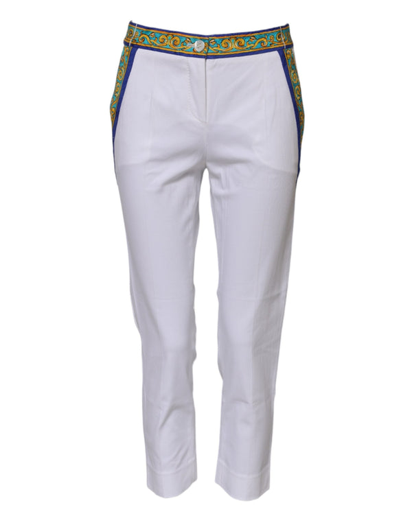 White Cotton Mid Waist Tapered Trouser Pants Dolce & Gabbana