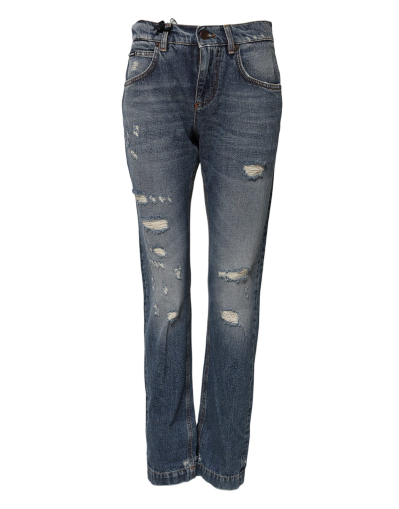 Blue Cotton Tattered Mid Waist Denim Jeans Dolce & Gabbana