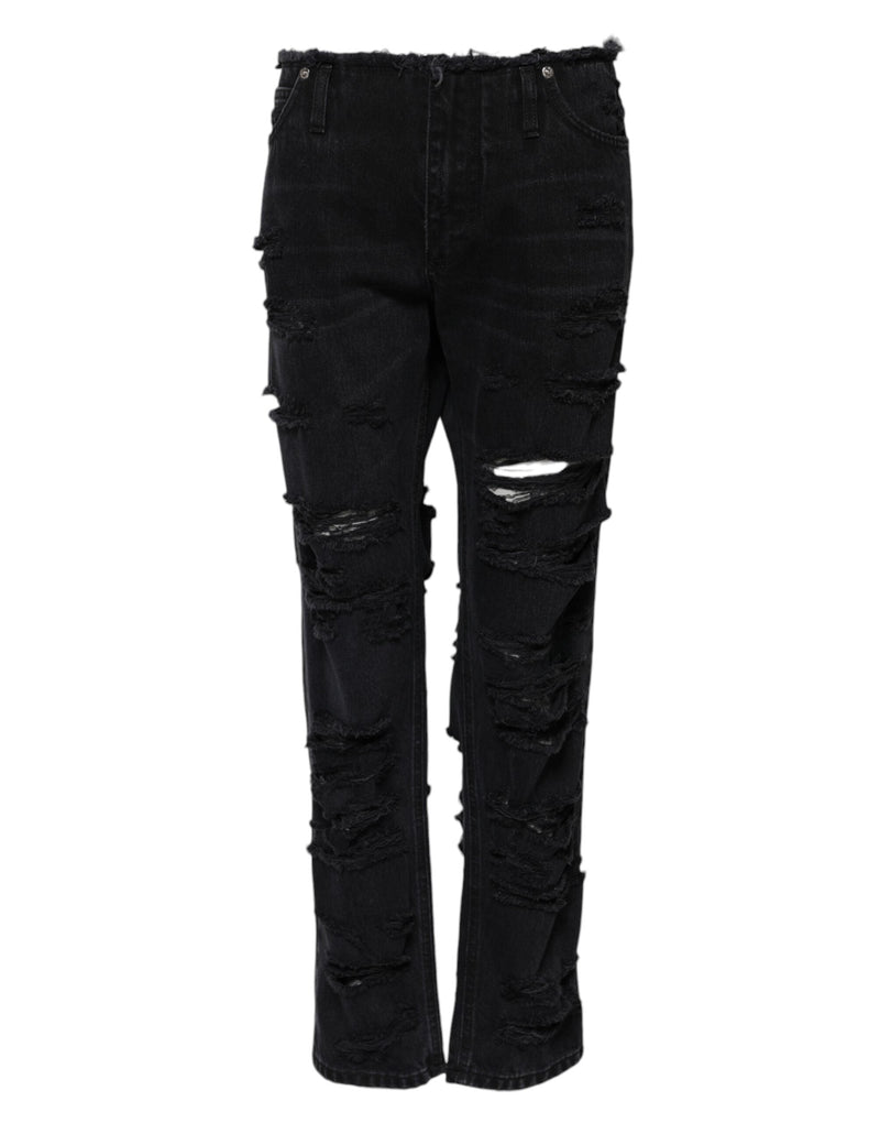 Black Cotton Tattered Mid Waist Denim Jeans Dolce & Gabbana