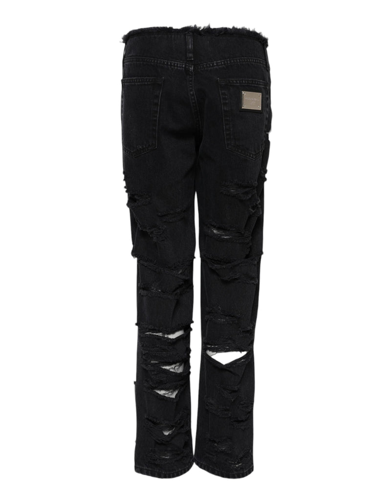 Black Cotton Tattered Mid Waist Denim Jeans Dolce & Gabbana