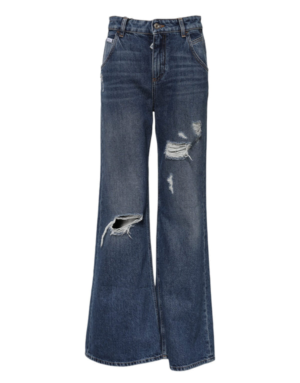 Blue Cotton Wide Leg Tattered Denim Jeans Dolce & Gabbana