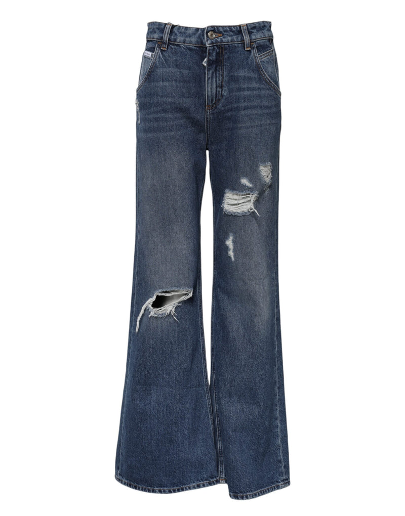 Blue Cotton Wide Leg Tattered Denim Jeans Dolce & Gabbana