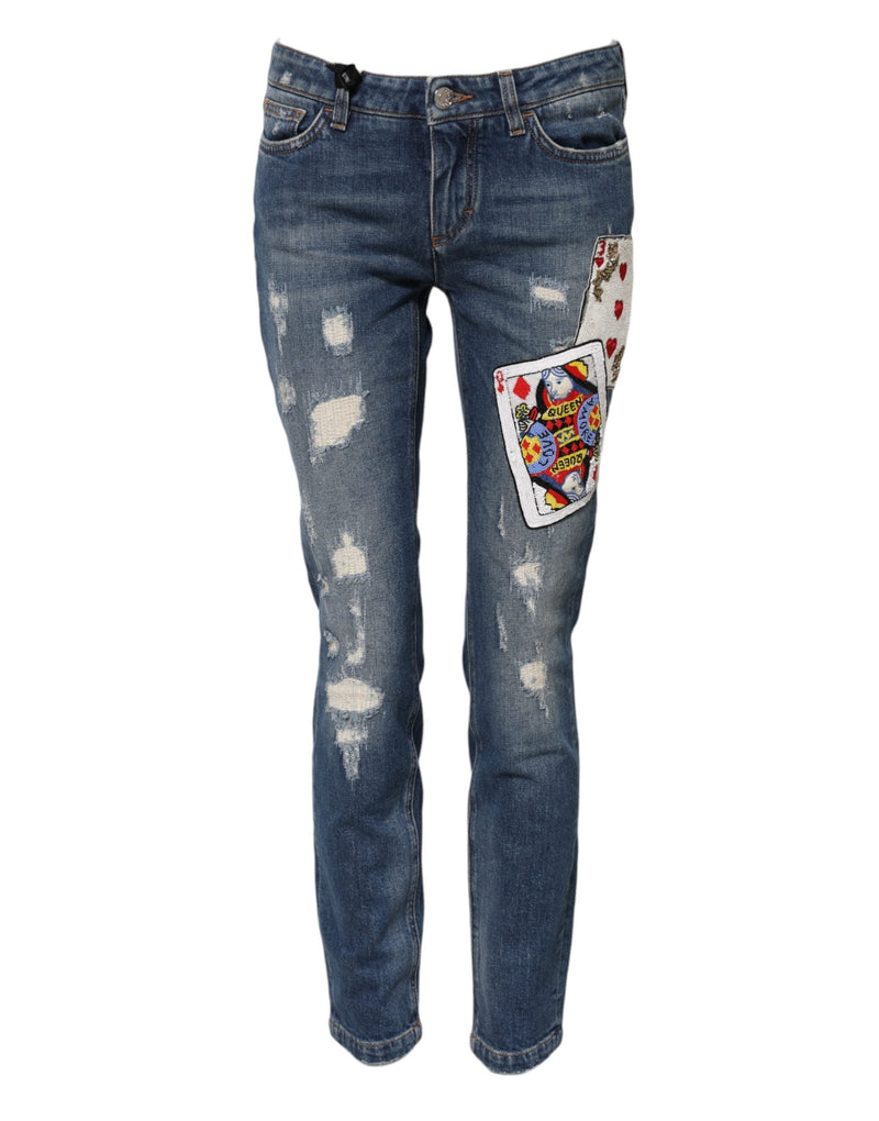 Blue Play Card Embroidery Skinny Denim Jeans Dolce & Gabbana