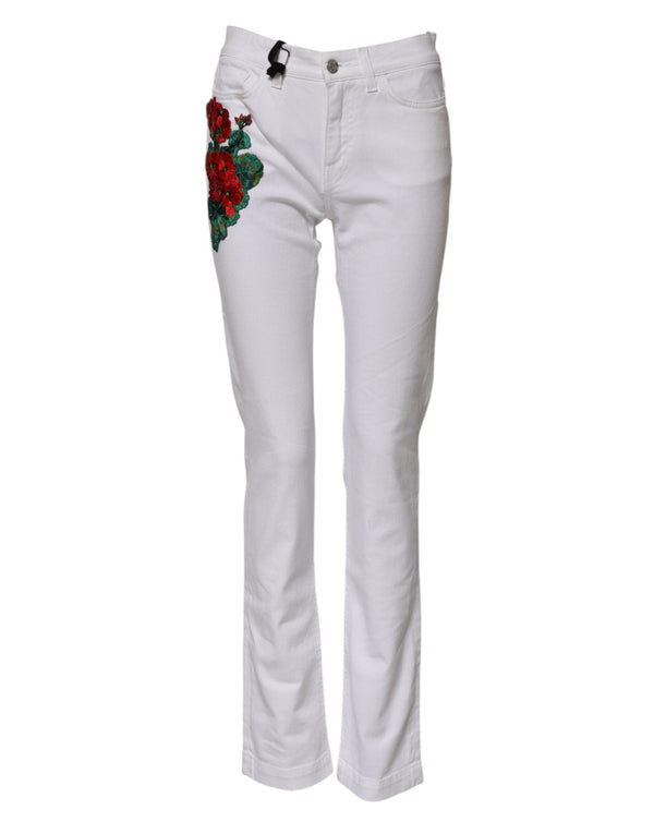 White Floral Embroidery GIRLY Denim Jeans Dolce & Gabbana
