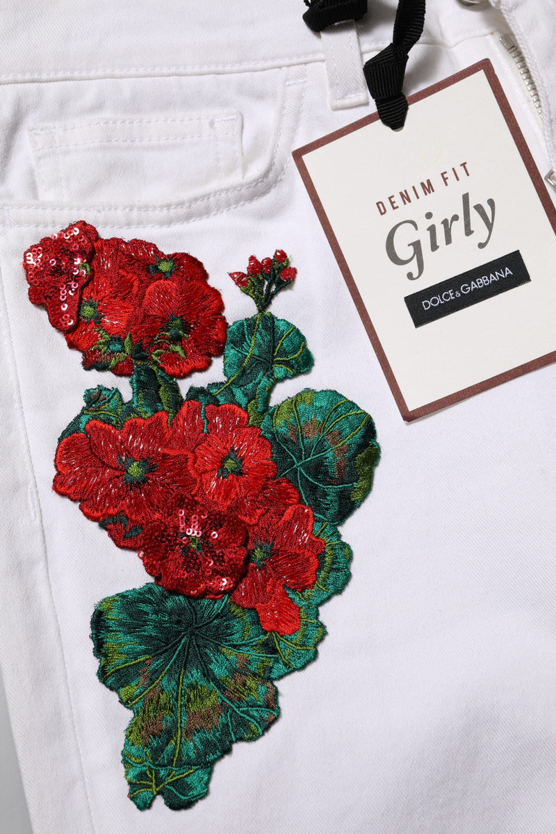 White Floral Embroidery GIRLY Denim Jeans Dolce & Gabbana