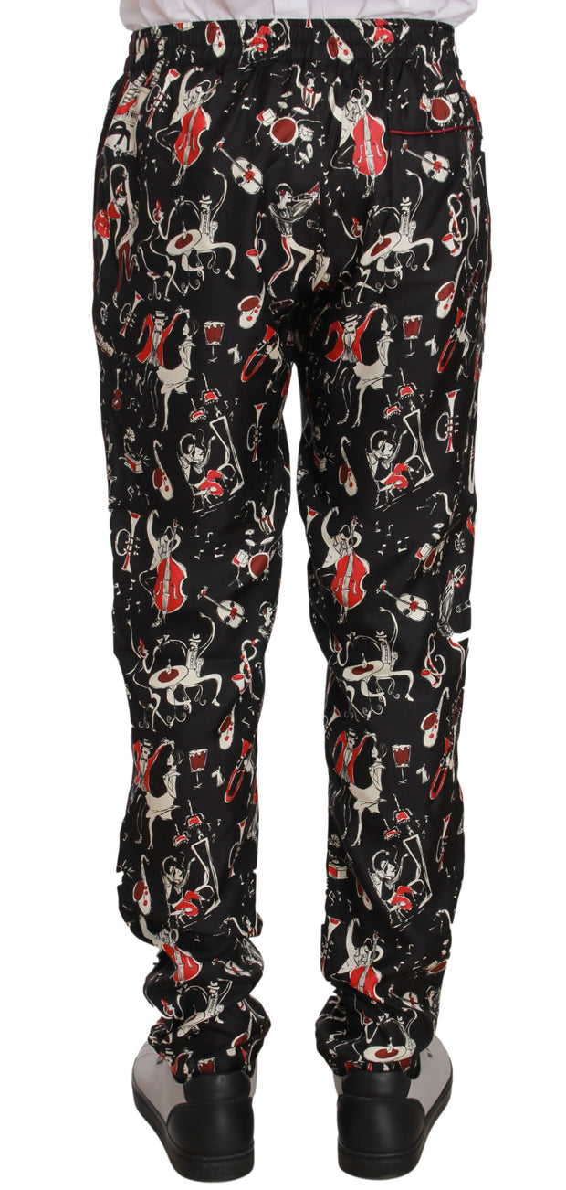 Elegant Black Silk Lounge Pants with Red Print Dolce & Gabbana