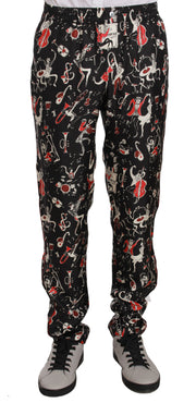 Elegant Black Silk Lounge Pants with Red Print Dolce & Gabbana