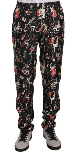 Elegant Black Silk Lounge Pants with Red Print Dolce & Gabbana