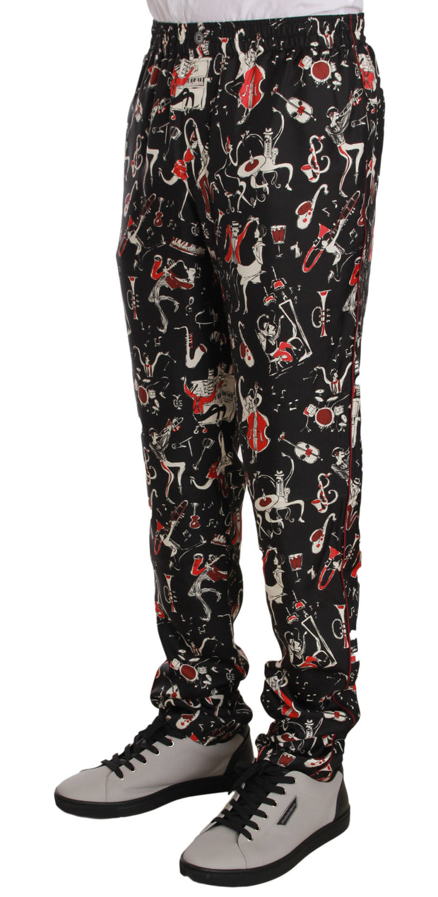 Elegant Black Silk Lounge Pants with Red Print Dolce & Gabbana