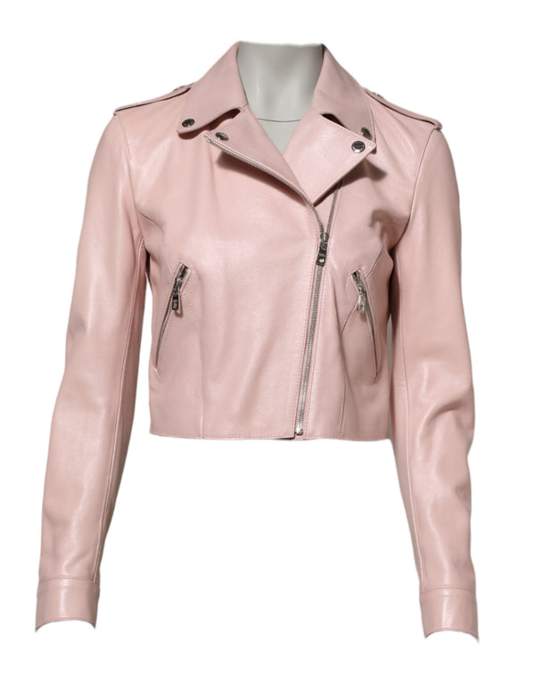Light Pink Collar Leather Women Biker Jacket Dolce & Gabbana