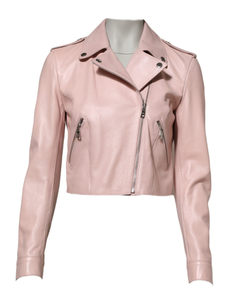 Light Pink Collar Leather Women Biker Jacket Dolce & Gabbana
