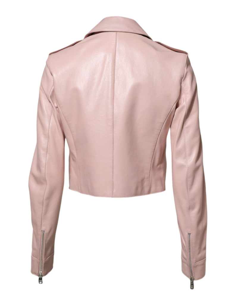 Light Pink Collar Leather Women Biker Jacket Dolce & Gabbana