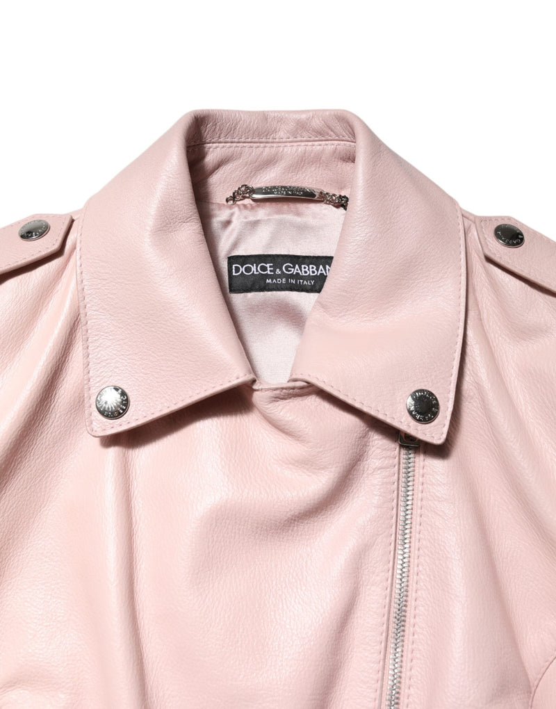 Light Pink Collar Leather Women Biker Jacket Dolce & Gabbana