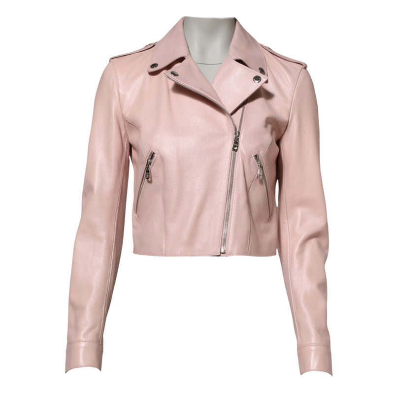 Light Pink Collar Leather Women Biker Jacket Dolce & Gabbana