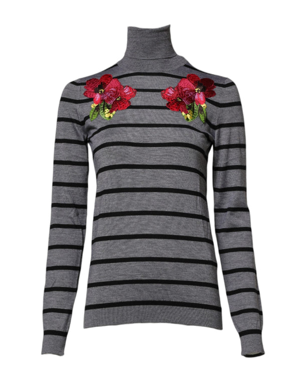 Gray Floral Embroidery Pullover Sweater Dolce & Gabbana