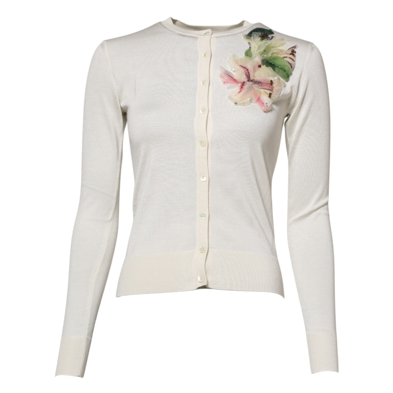 White Silk Lily Embellished Cardigan Sweater Dolce & Gabbana
