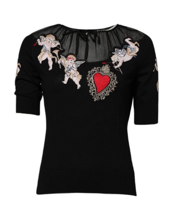 Black Sacred Heart Embroidered Crewneck Top Dolce & Gabbana