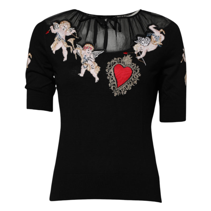 Black Sacred Heart Embroidered Crewneck Top Dolce & Gabbana