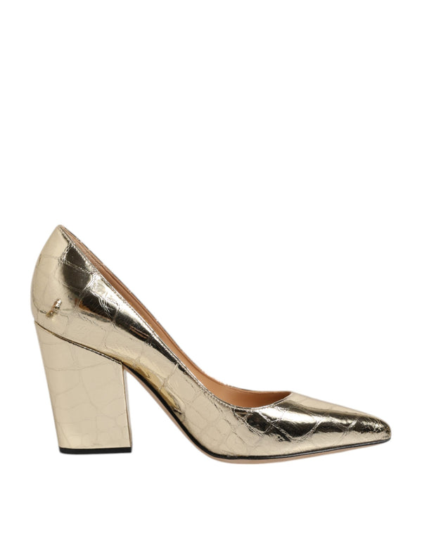 Gold Leather Pointed Toe Block Heels Shoes Sergio Rossi