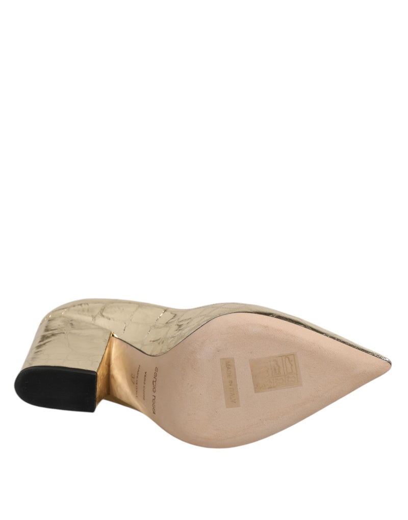 Gold Leather Pointed Toe Block Heels Shoes Sergio Rossi