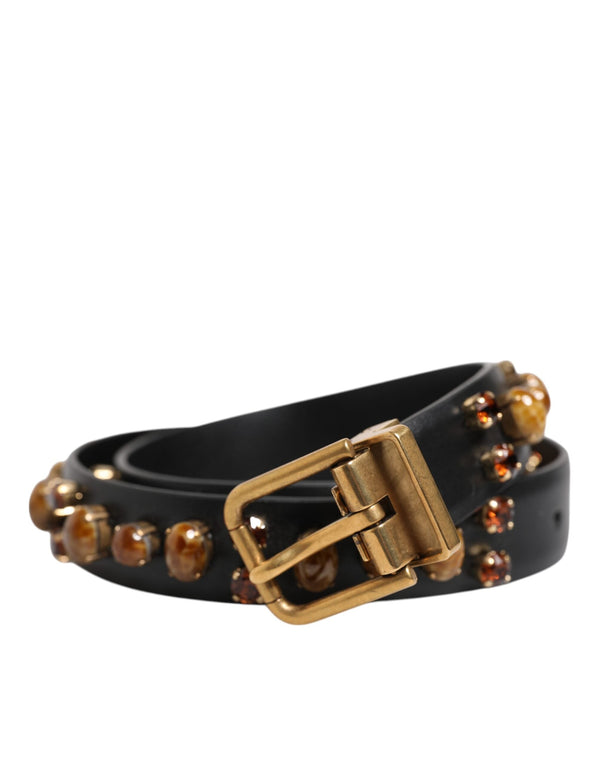 Black Leather Studded Gold Tone Buckle Belt Dolce & Gabbana