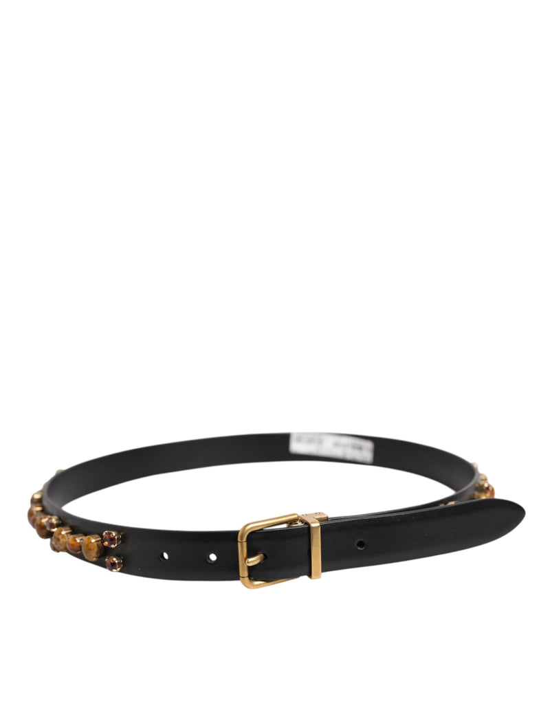Black Leather Studded Gold Tone Buckle Belt Dolce & Gabbana