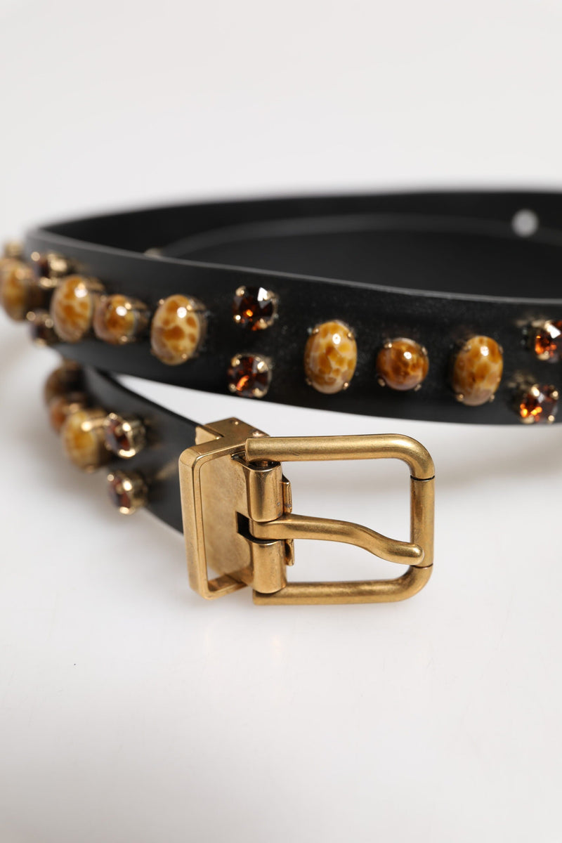 Black Leather Studded Gold Tone Buckle Belt Dolce & Gabbana